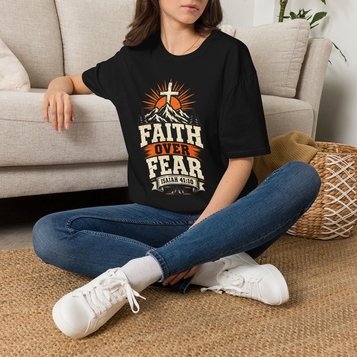 Faith Over Fear T‑Shirt — Christian Cross Mountain Sunrise Tee (Isaiah 41:10)