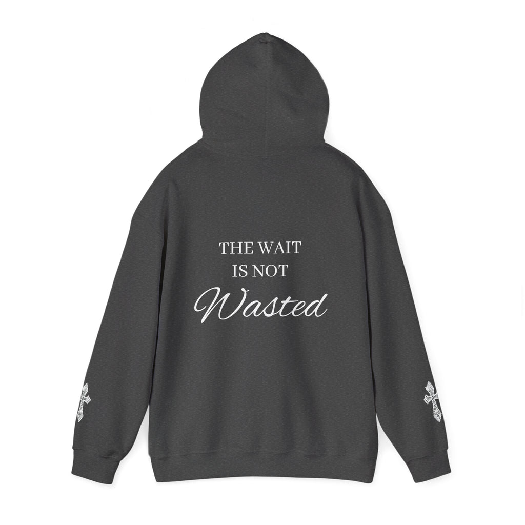 Faith Hoodie — "The Wait Is Not Wasted" Christian Pullover (Cross Sleeve Design)