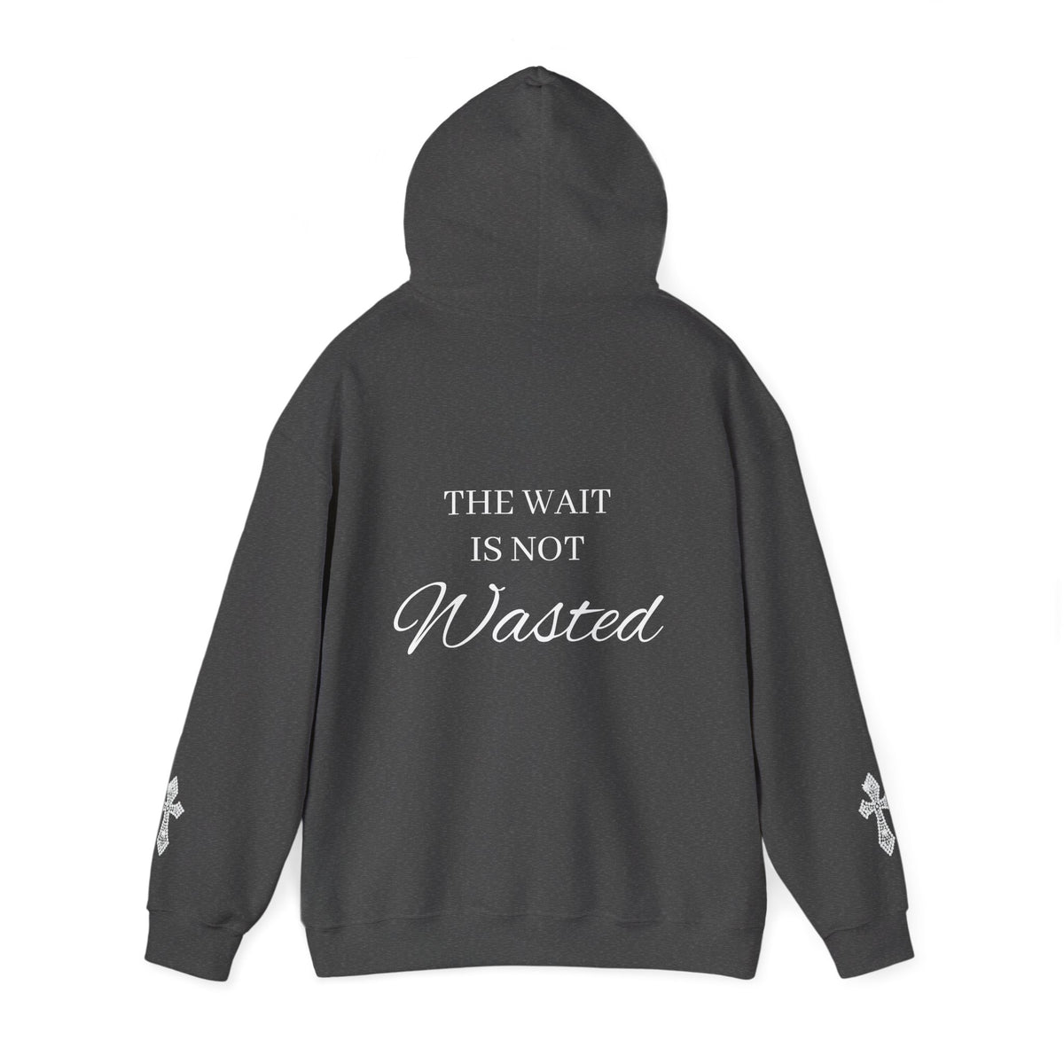 Faith Hoodie — "The Wait Is Not Wasted" Christian Pullover (Cross Sleeve Design)