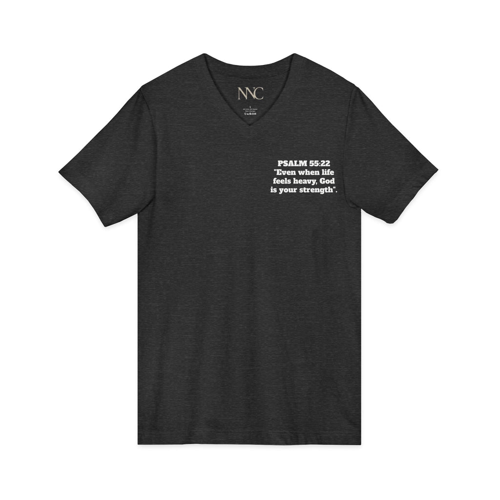 Christian V-Neck Tee — "Yahweh Will Manifest Himself" Psalm 55:22 Inspirational Shirt