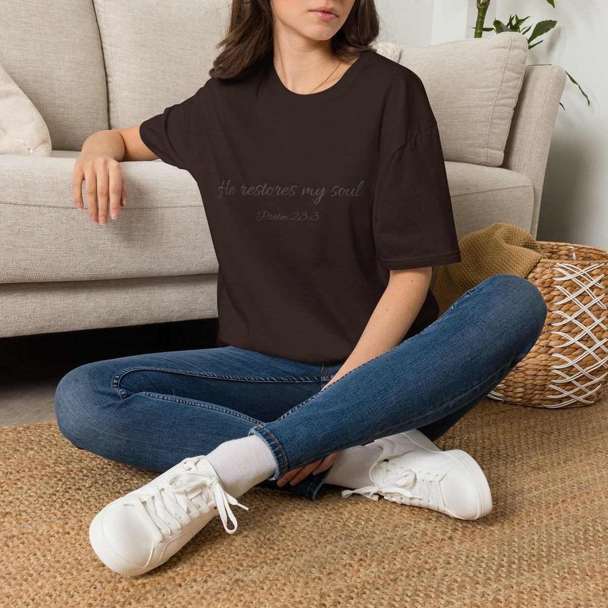 He Restores My Soul T-Shirt — Psalm 23:3 Script Faith Tee