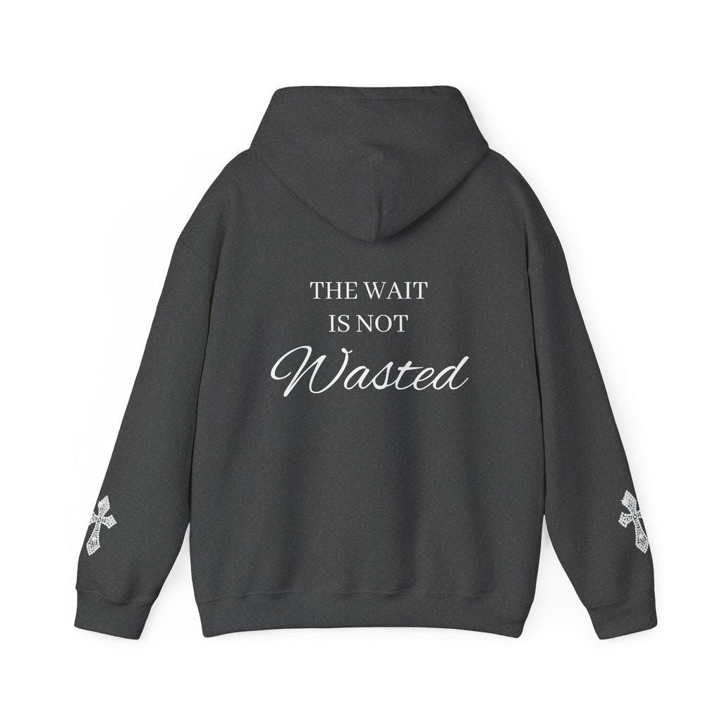 Faith Hoodie — "The Wait Is Not Wasted" Christian Pullover (Cross Sleeve Design)