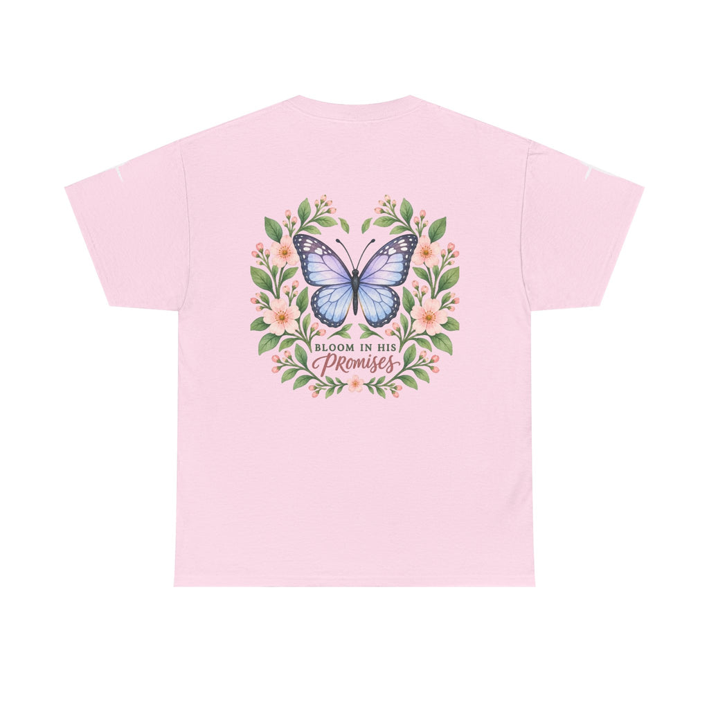 Bloom in His Promises Butterfly Tee — Inspirational Christian Scripture Shirt