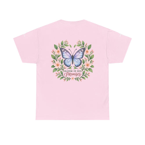 Bloom in His Promises Butterfly Tee — Inspirational Christian Scripture Shirt