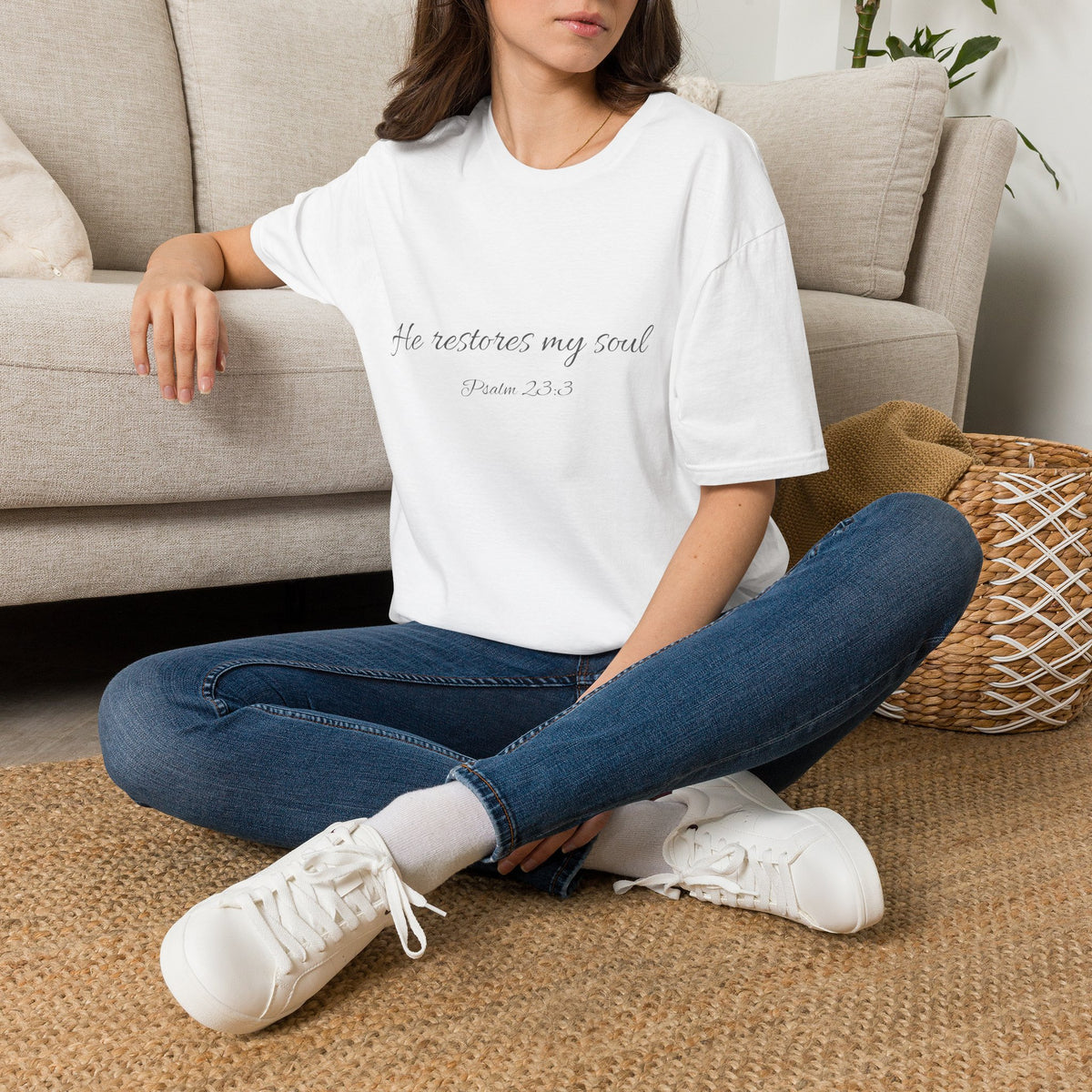 He Restores My Soul T-Shirt — Psalm 23:3 Script Faith Tee