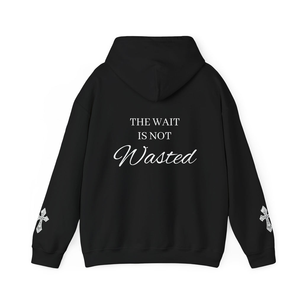 Faith Hoodie — "The Wait Is Not Wasted" Christian Pullover (Cross Sleeve Design)