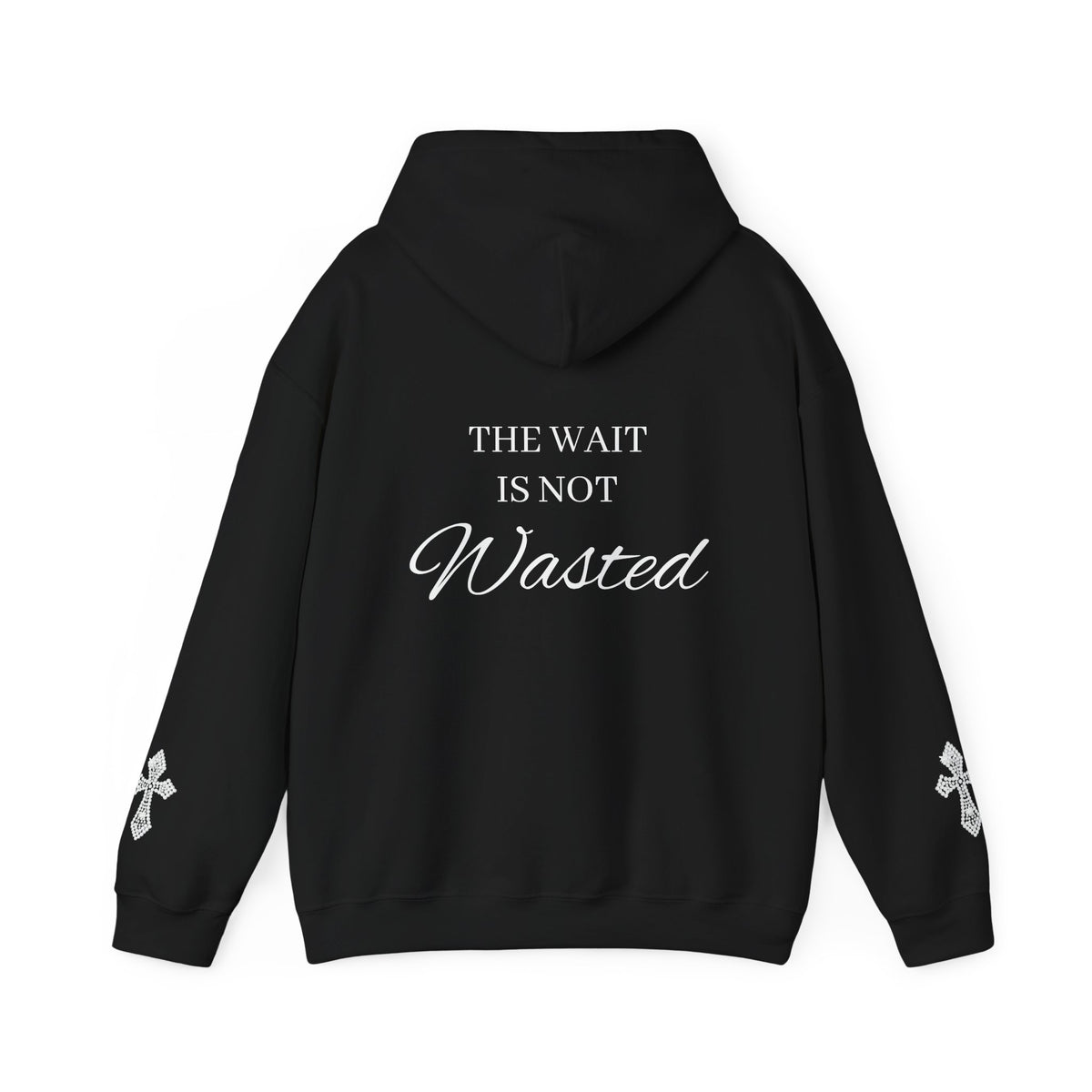 Faith Hoodie — "The Wait Is Not Wasted" Christian Pullover (Cross Sleeve Design)