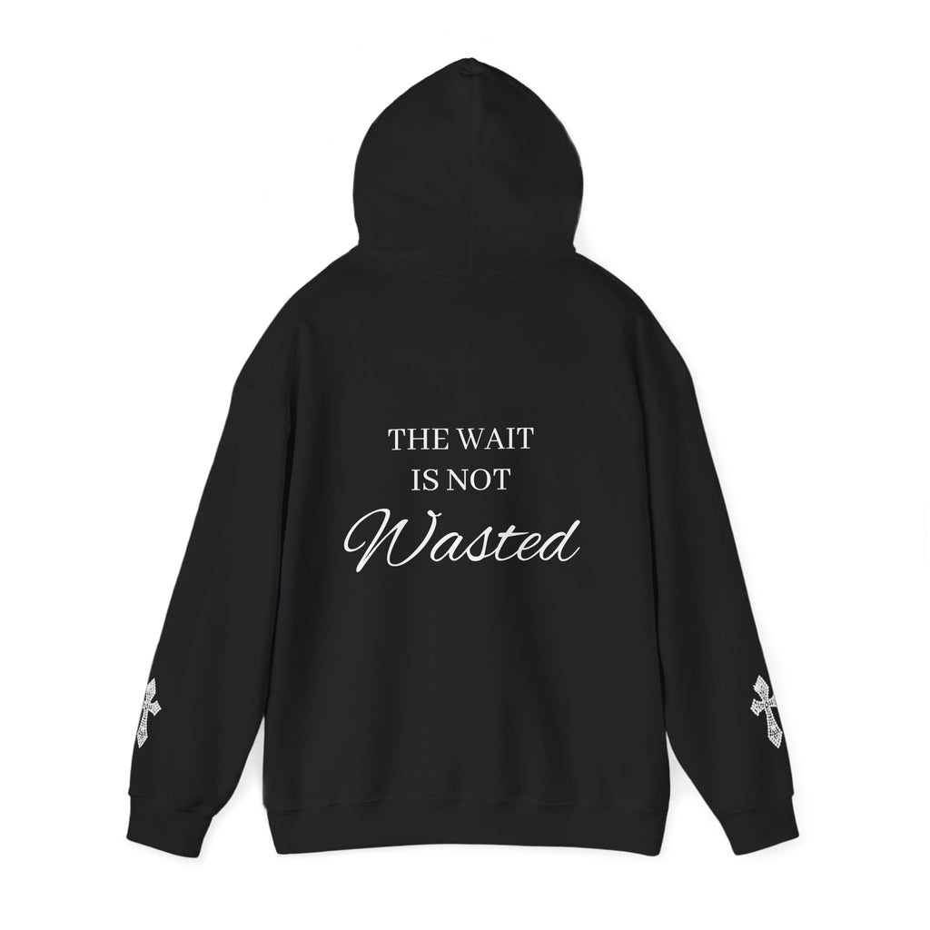 Faith Hoodie — "The Wait Is Not Wasted" Christian Pullover (Cross Sleeve Design)