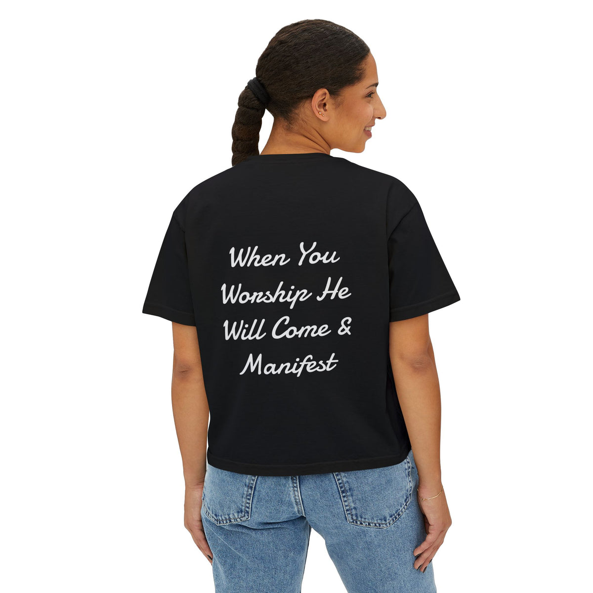 Christian Women's Boxy Tee — “When You Worship He Will Come & Manifest” Inspirational Faith Shirt