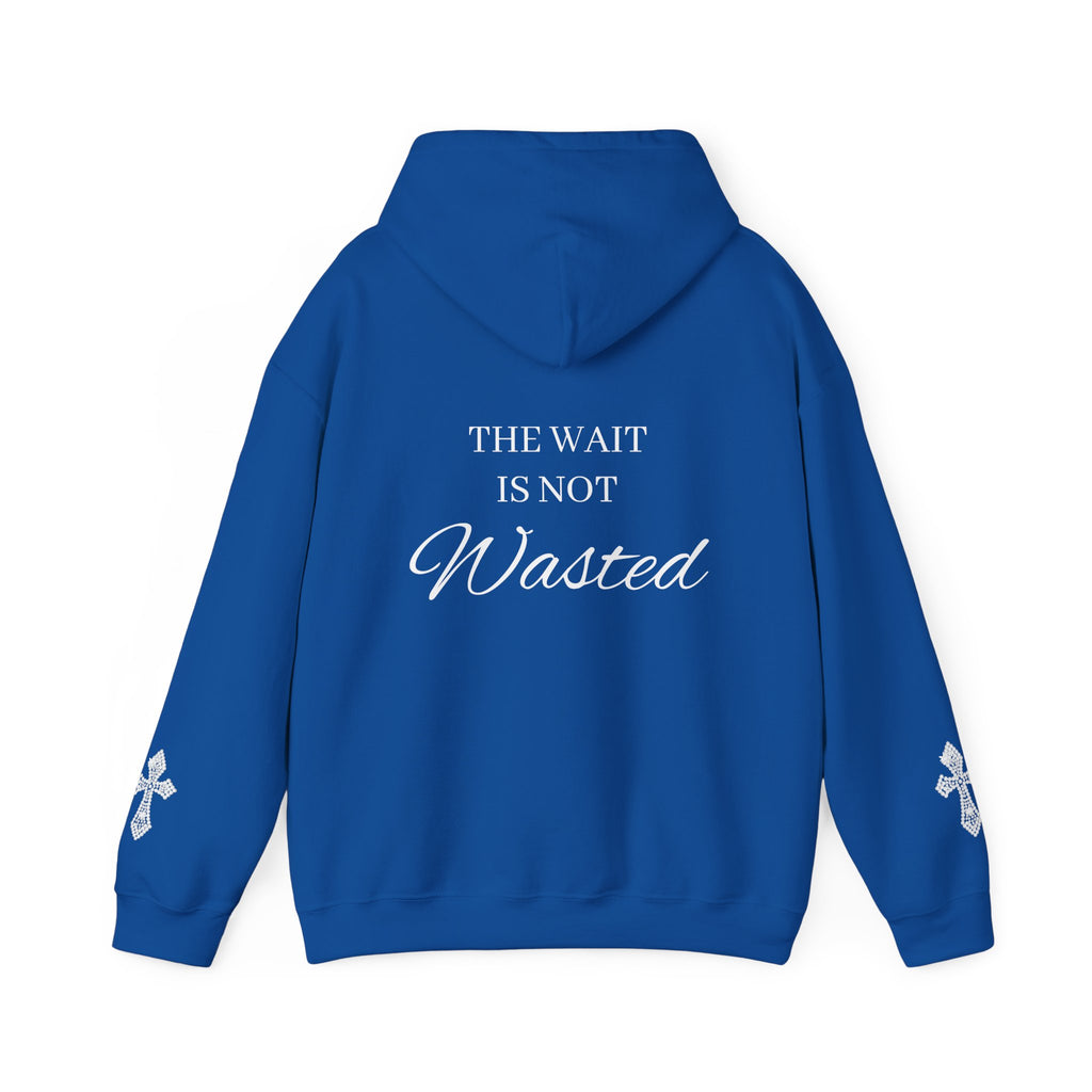 Faith Hoodie — "The Wait Is Not Wasted" Christian Pullover (Cross Sleeve Design)