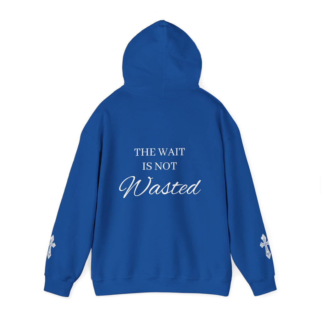 Faith Hoodie — "The Wait Is Not Wasted" Christian Pullover (Cross Sleeve Design)