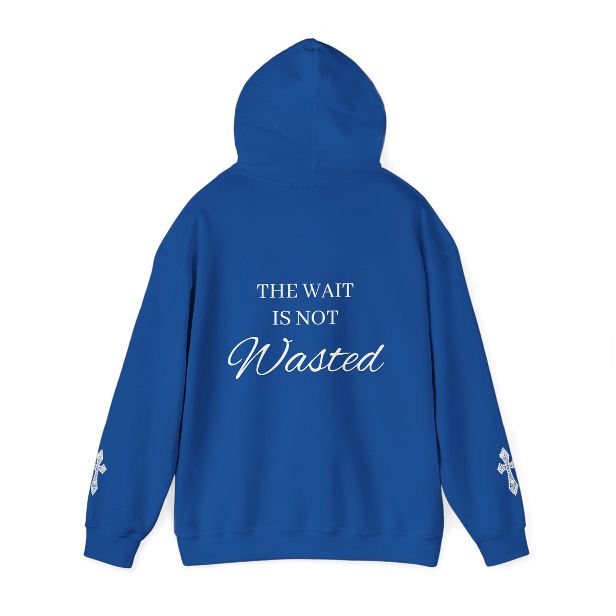 Faith Hoodie — "The Wait Is Not Wasted" Christian Pullover (Cross Sleeve Design)