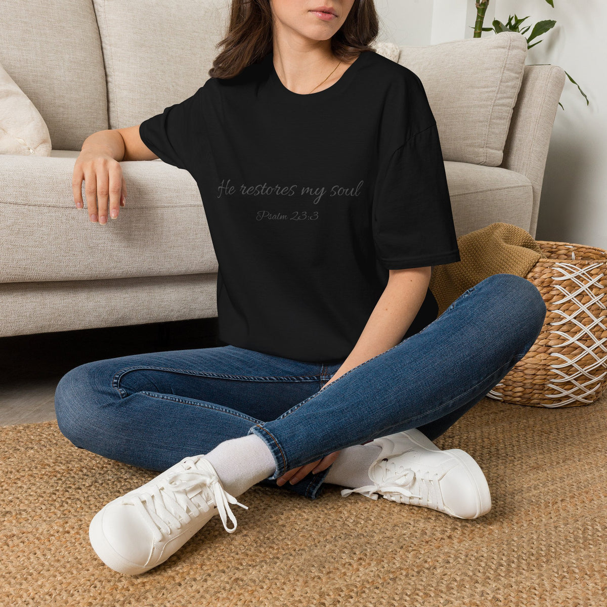 He Restores My Soul T-Shirt — Psalm 23:3 Script Faith Tee