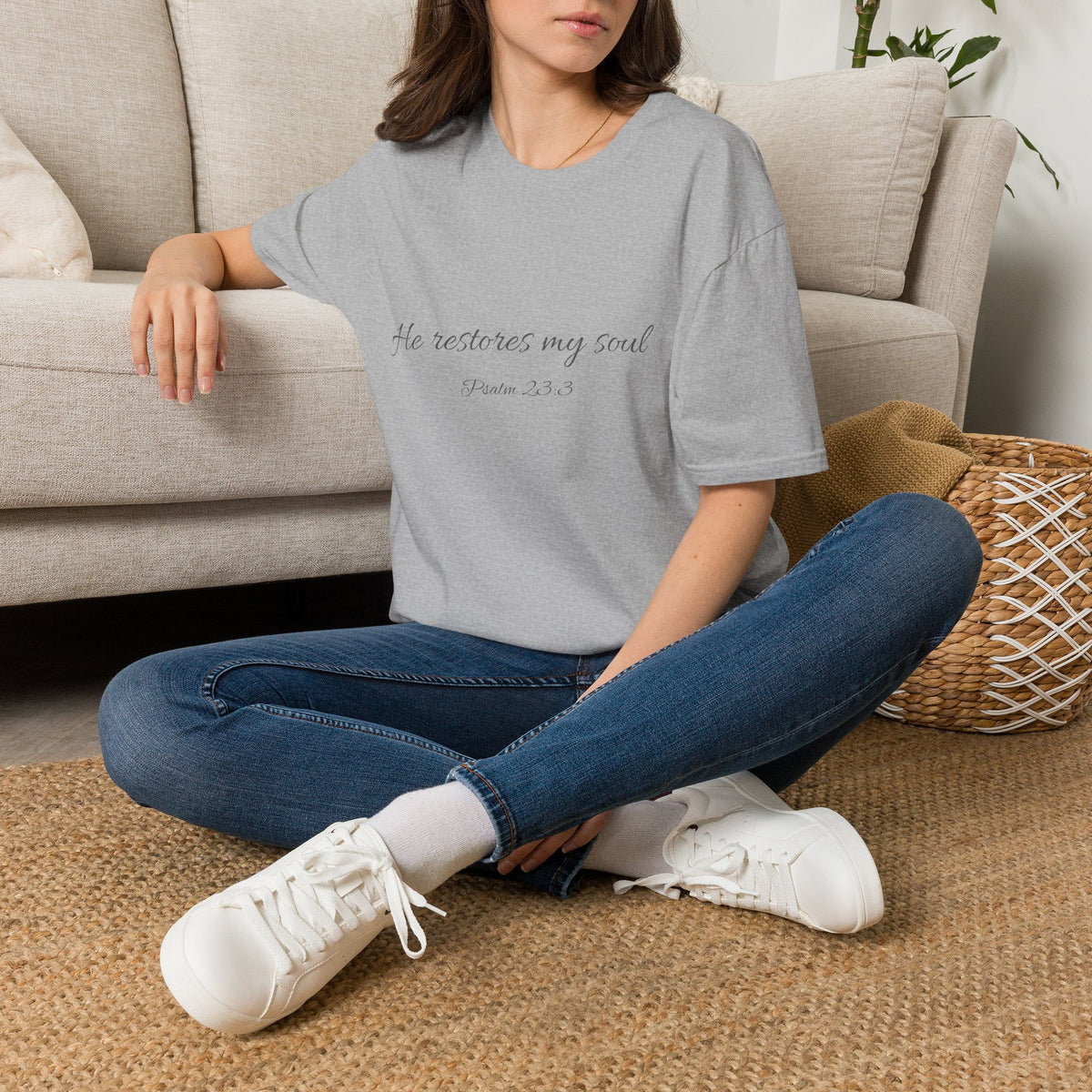 He Restores My Soul T-Shirt — Psalm 23:3 Script Faith Tee