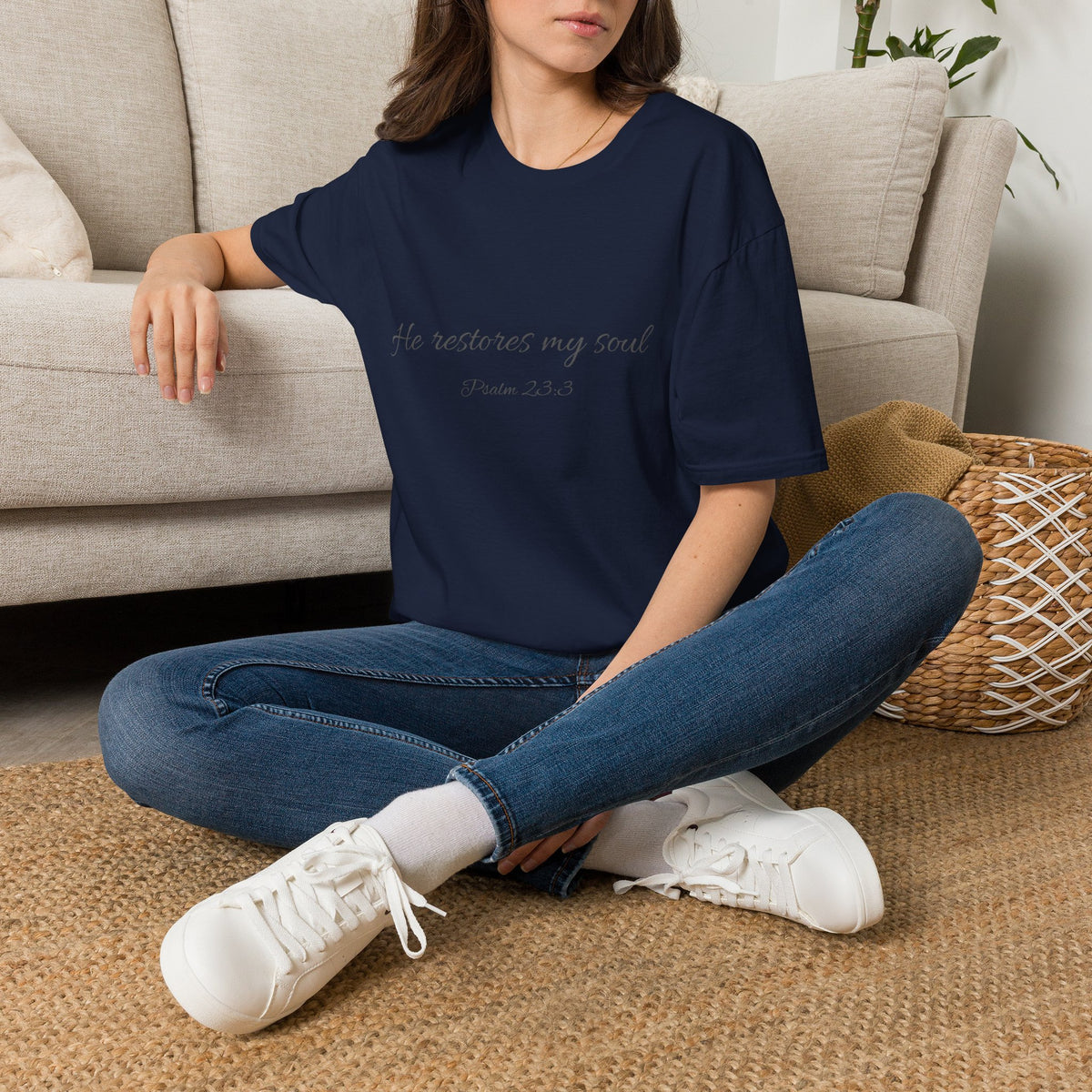 He Restores My Soul T-Shirt — Psalm 23:3 Script Faith Tee
