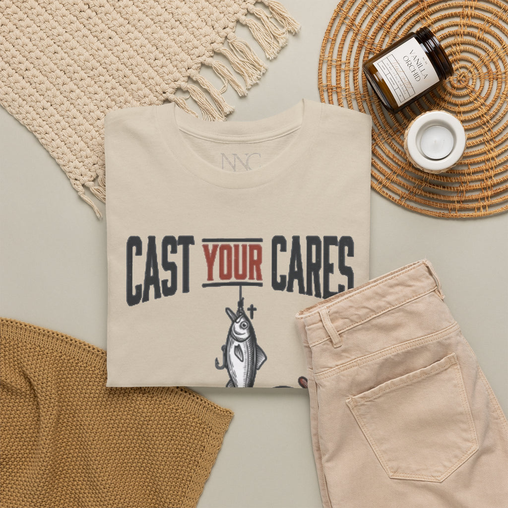 Cast Your Cares Upon Him T‑Shirt — Christian Fishing Faith Tee (1 Peter 5:7)