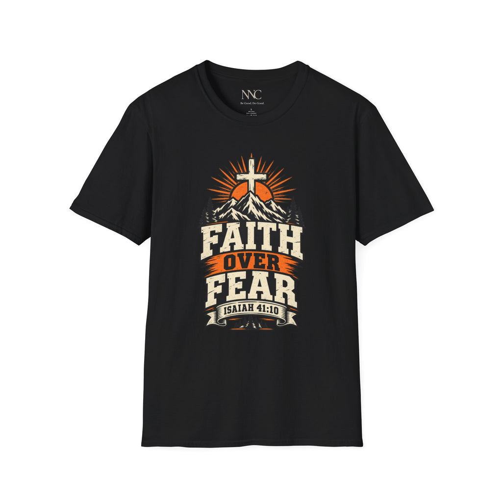 Faith Over Fear T‑Shirt — Christian Cross Mountain Sunrise Tee (Isaiah 41:10)