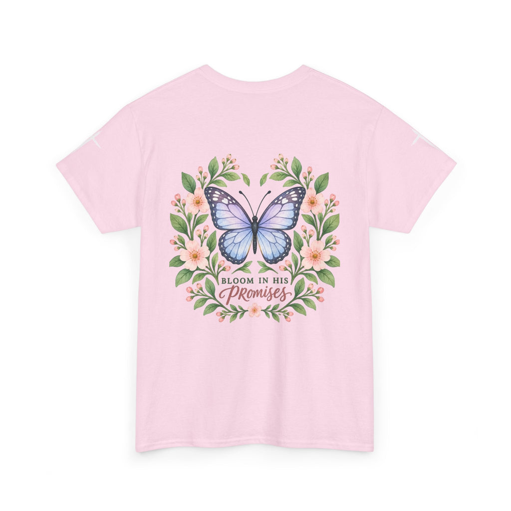 Bloom in His Promises Butterfly Tee — Inspirational Christian Scripture Shirt
